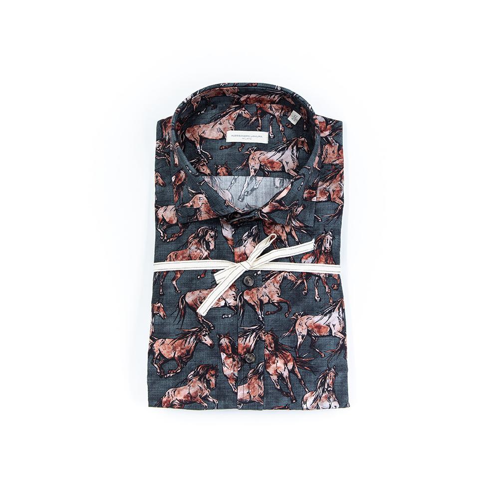 Alessandro Lamura Camicia Di Cotone Stampa Cavalli In Corsa – Collo Francese