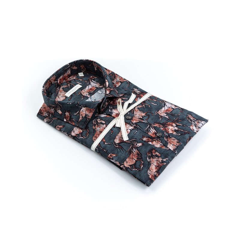 Alessandro Lamura Camicia Di Cotone Stampa Cavalli in corsa – Collo francese