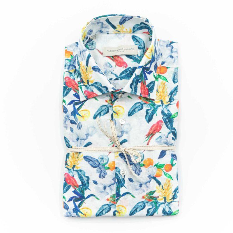 Alessandro Lamura Camicia Fantasia Pappagalli Collo Italiano