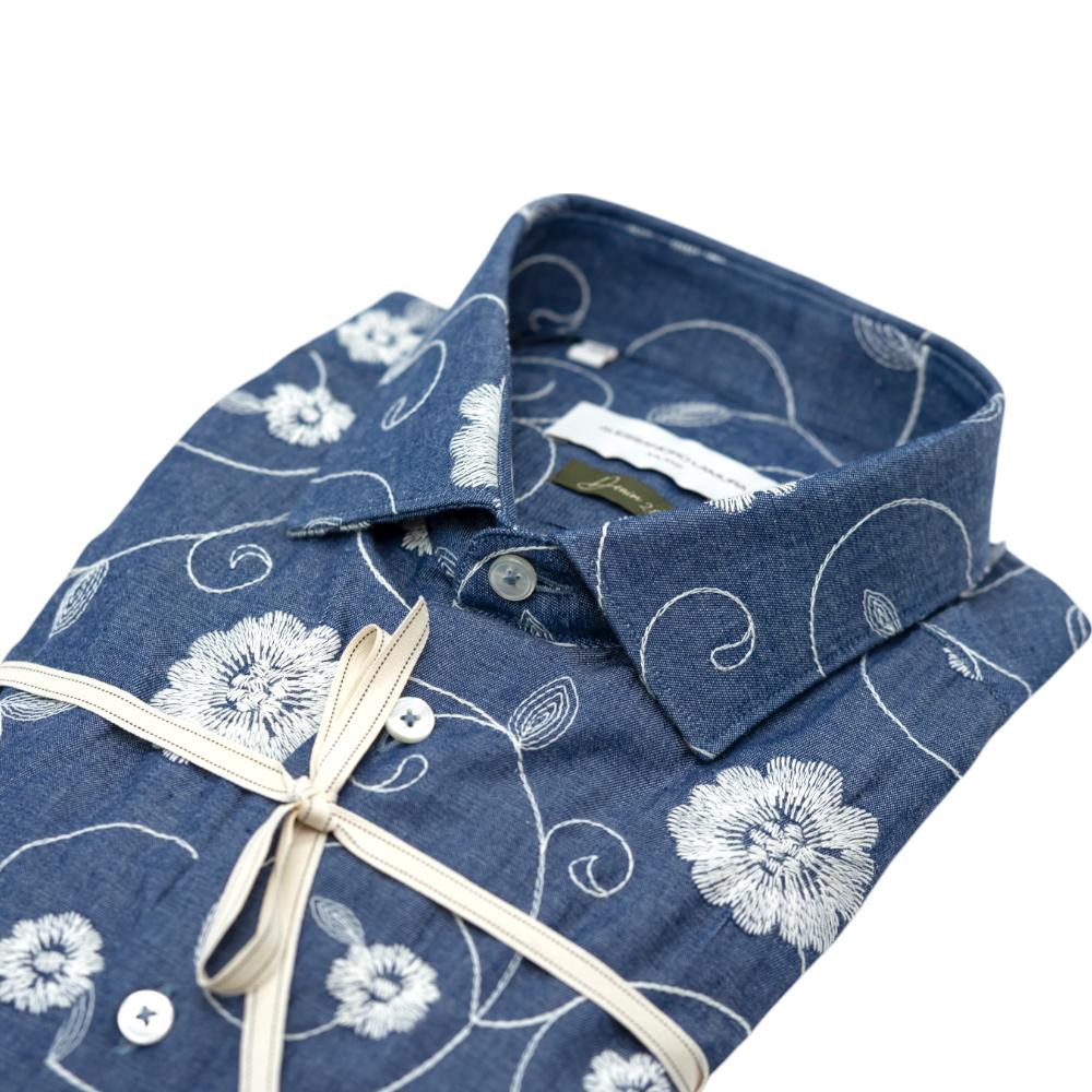 Alessandro Lamura Camicia In Denim Blu Con Motivo Floreale Bianco