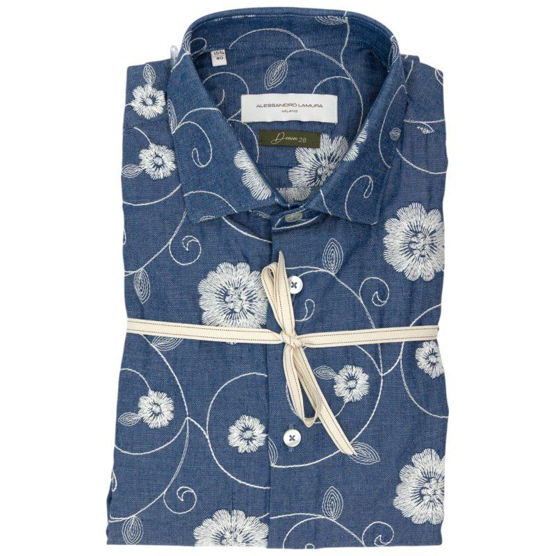 Alessandro Lamura Camicia in Denim Blu con Motivo Floreale Bianco Alessandro Lamura Camicia in Denim Blu con Motivo Floreale Bianco
