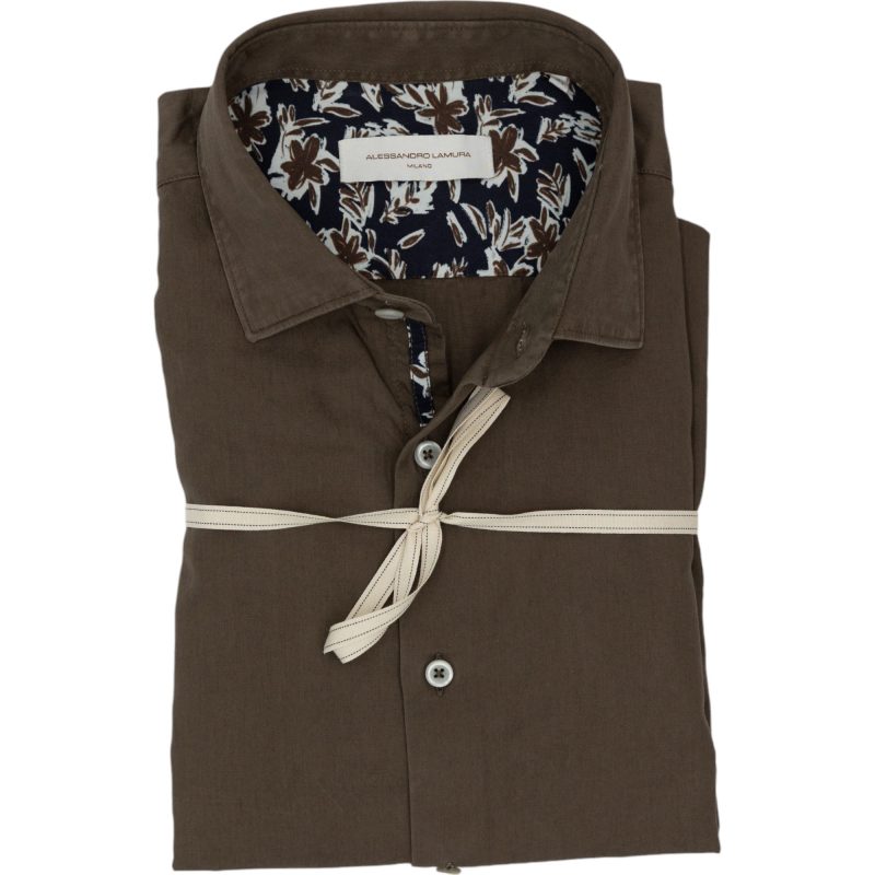 Alessandro Lamura Camicia in Gabardine Tinta in Capo Verde Oliva Con Dettagli Floreali a Contrasto