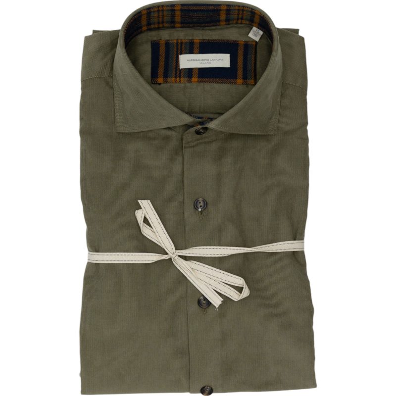 Alessandro Lamura Camicia in Velluto Millerighe Verde Oliva Con Dettagli Interni Geometrici