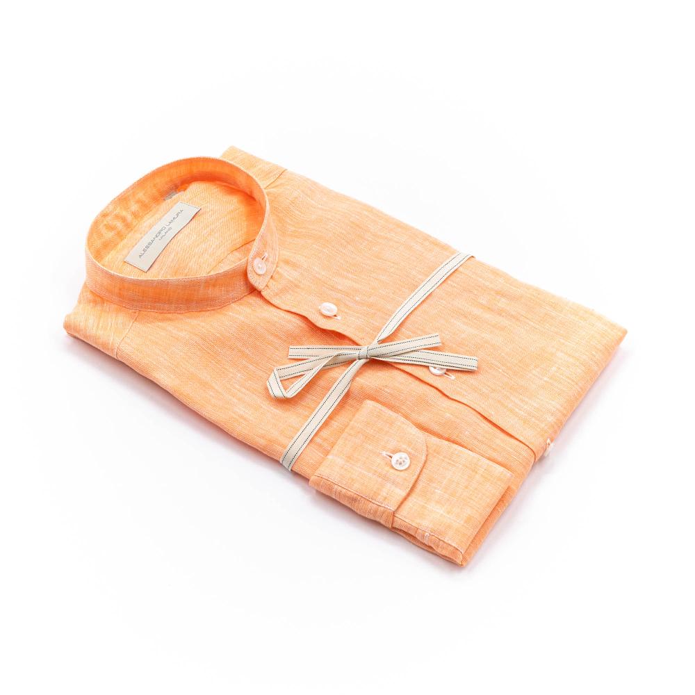 Alessandro Lamura Camicia Lino Arancio Collo Coreano Uomo