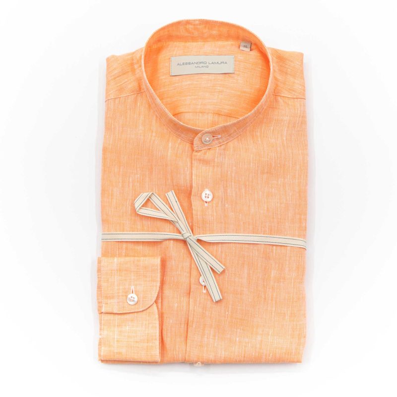 Alessandro Lamura Camicia Lino Arancio Collo Coreano Uomo
