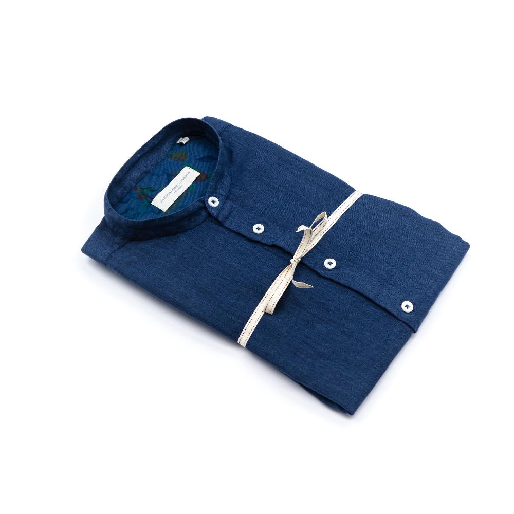 Alessandro Lamura Camicia Lino Coreana Blu Con Contrasto