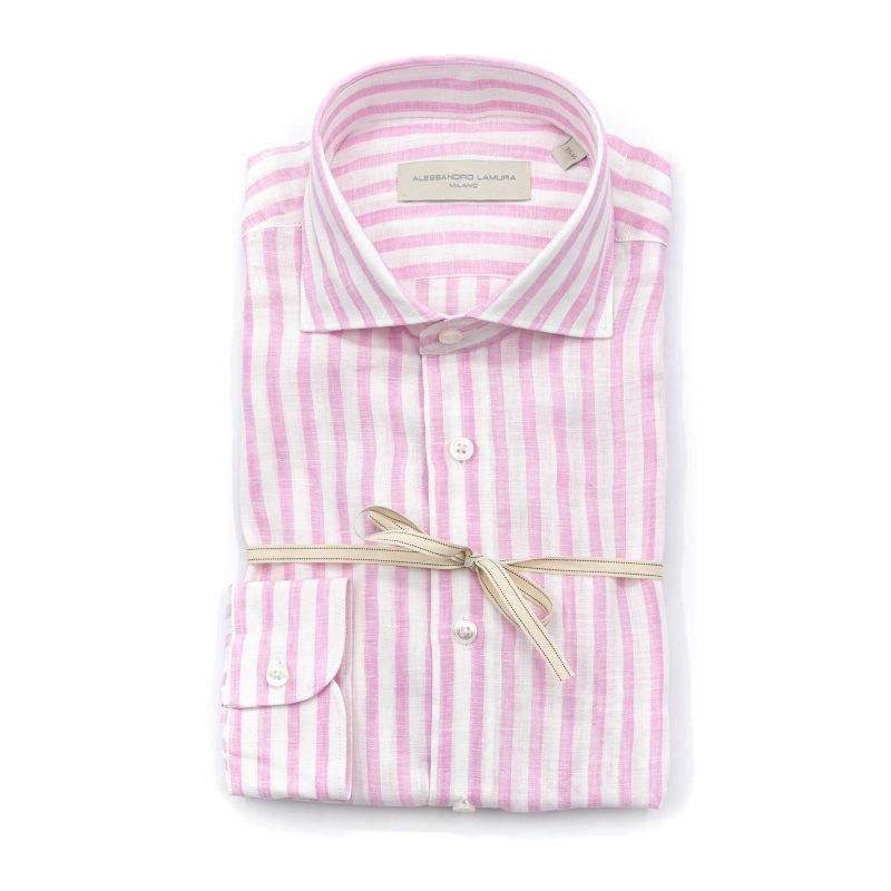 Alessandro Lamura Camicia Lino Righe Rosa Collo Francese