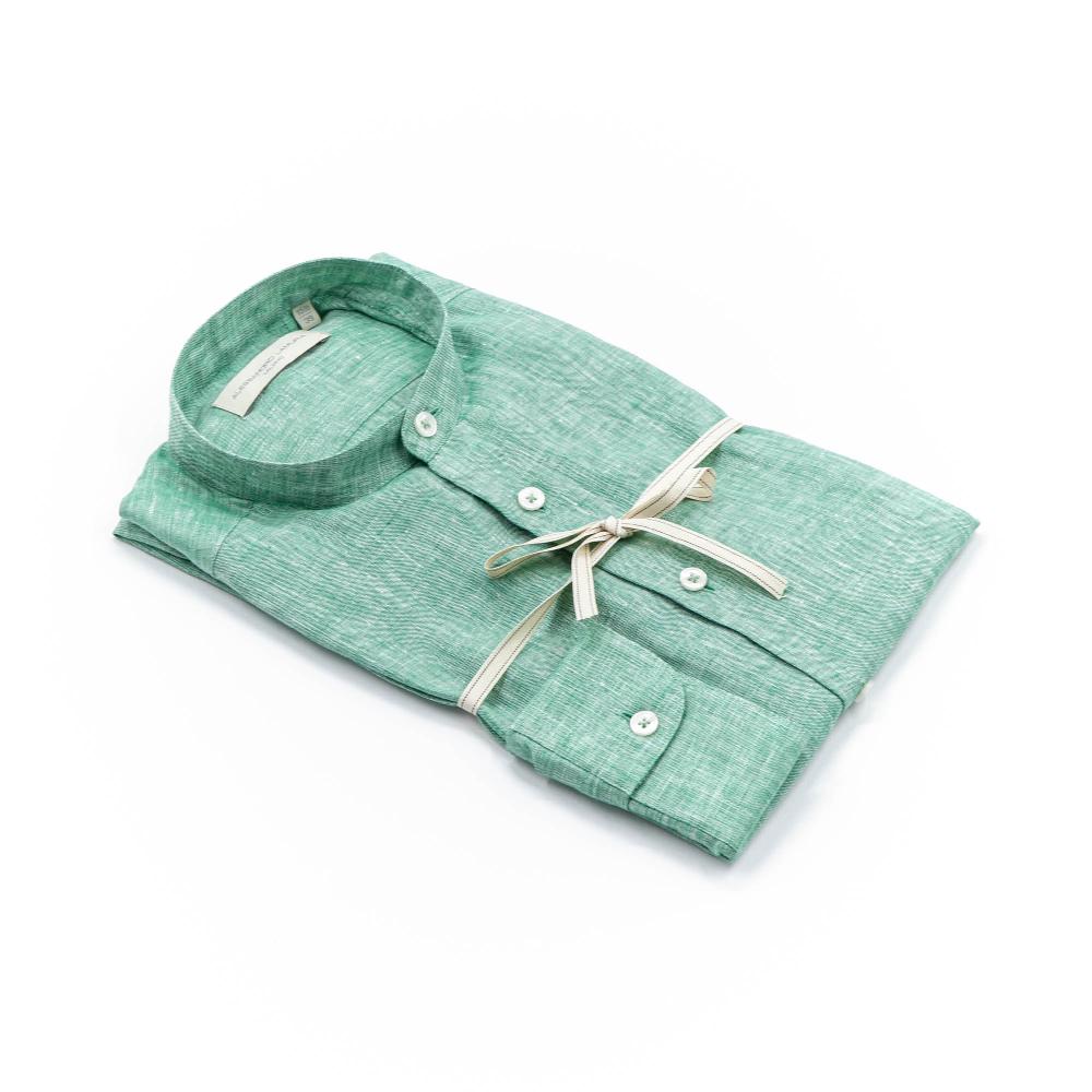 Alessandro Lamura Camicia Lino Verde Collo Coreano Uomo