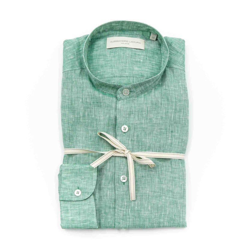Alessandro Lamura Camicia Lino Verde Collo Coreano Uomo