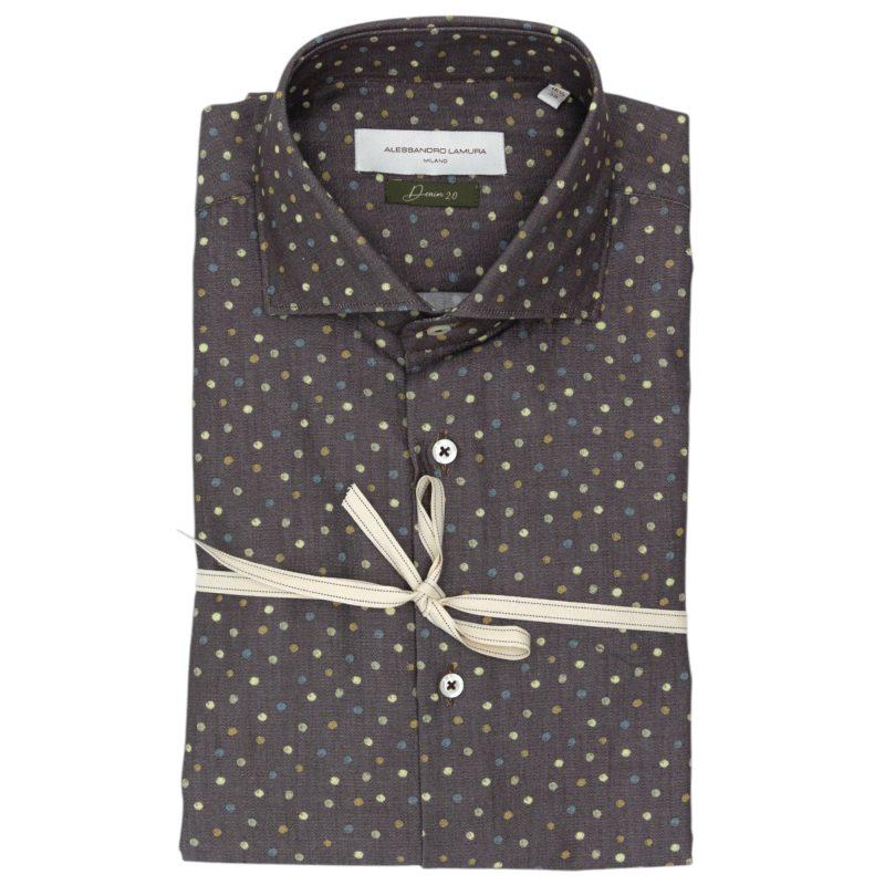 Alessandro Lamura Camicia Marrone Scuro con Motivo a Pois multicolore