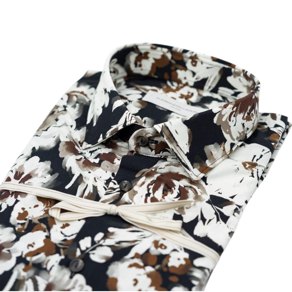 Alessandro Lamura Camicia Nera Con Motivo Floreale Bianco E Marrone