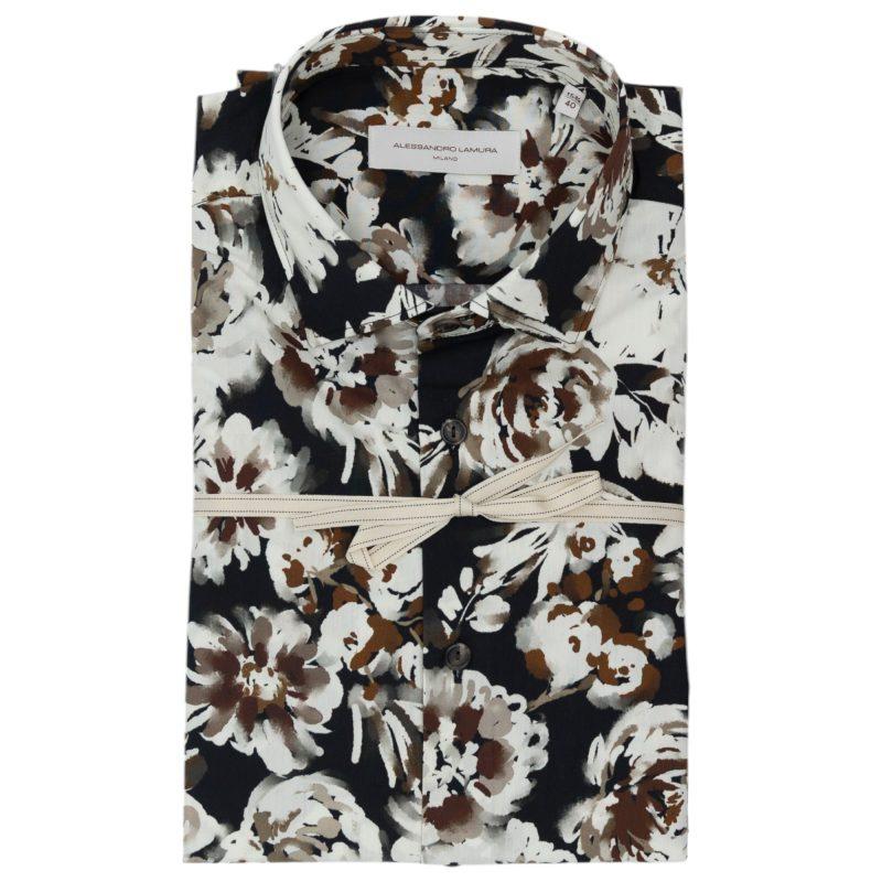 Alessandro Lamura Camicia Nera con Motivo Floreale Bianco e Marrone