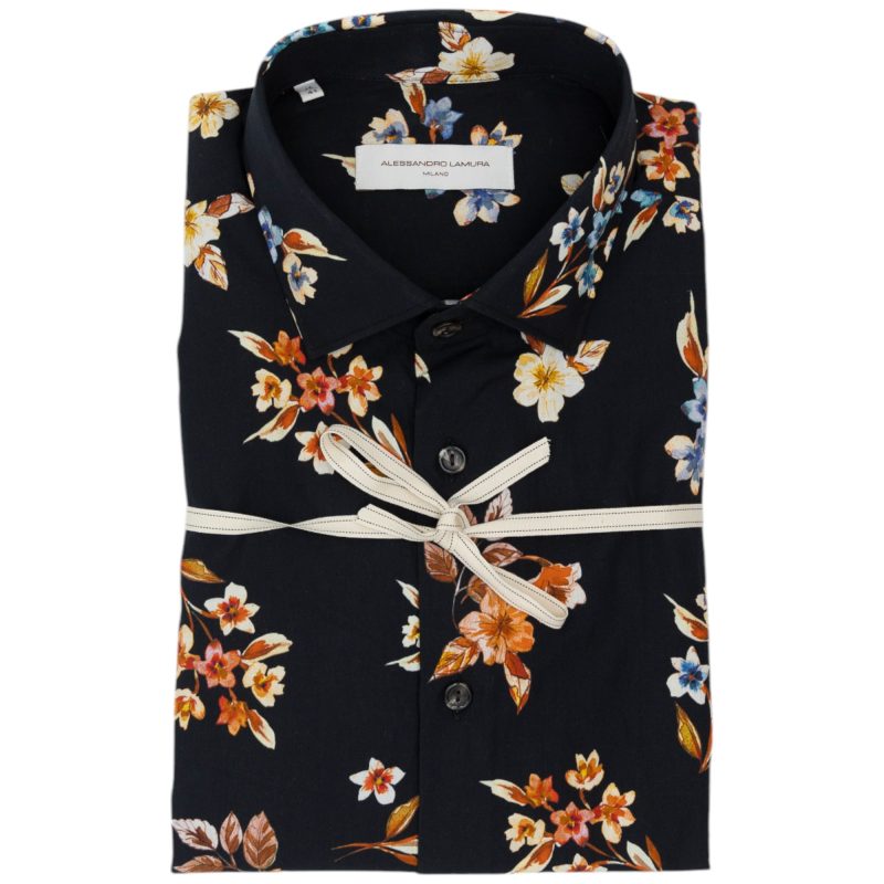 Alessandro Lamura Camicia Nera con Motivo Floreale Multicolore