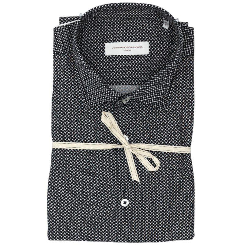 Alessandro Lamura Camicia Nera con Motivo Geometrico Bianco Alessandro Lamura Camicia Nera con Motivo Geometrico Bianco