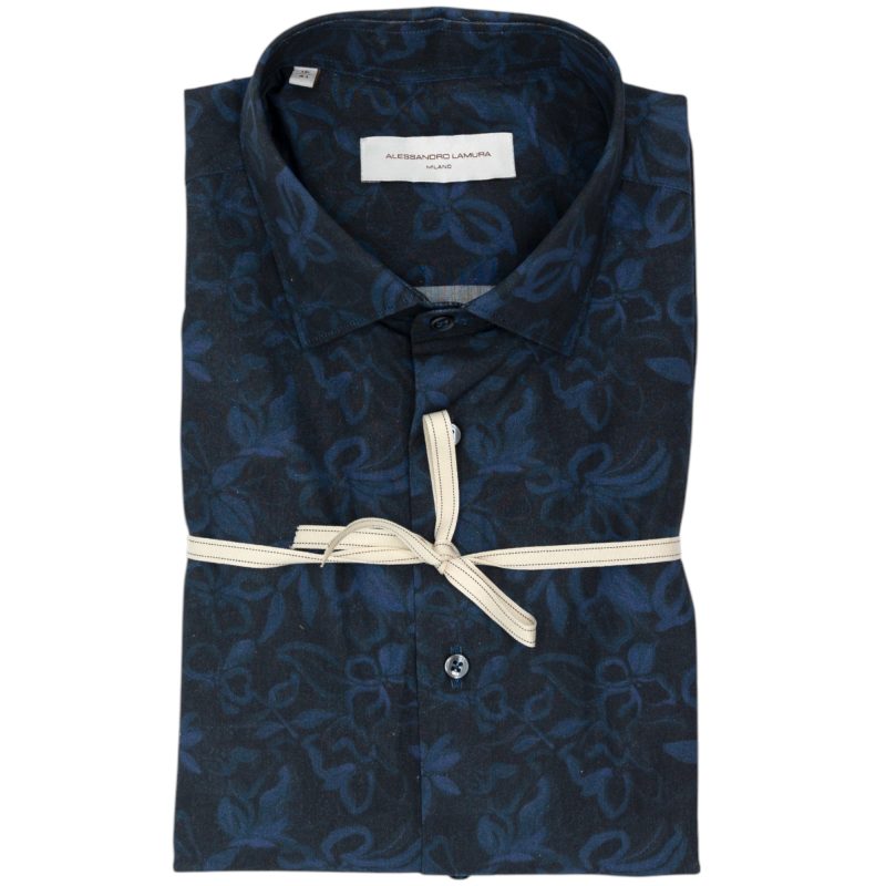 Alessandro Lamura Camicia Nera con Stampa Floreale Blu