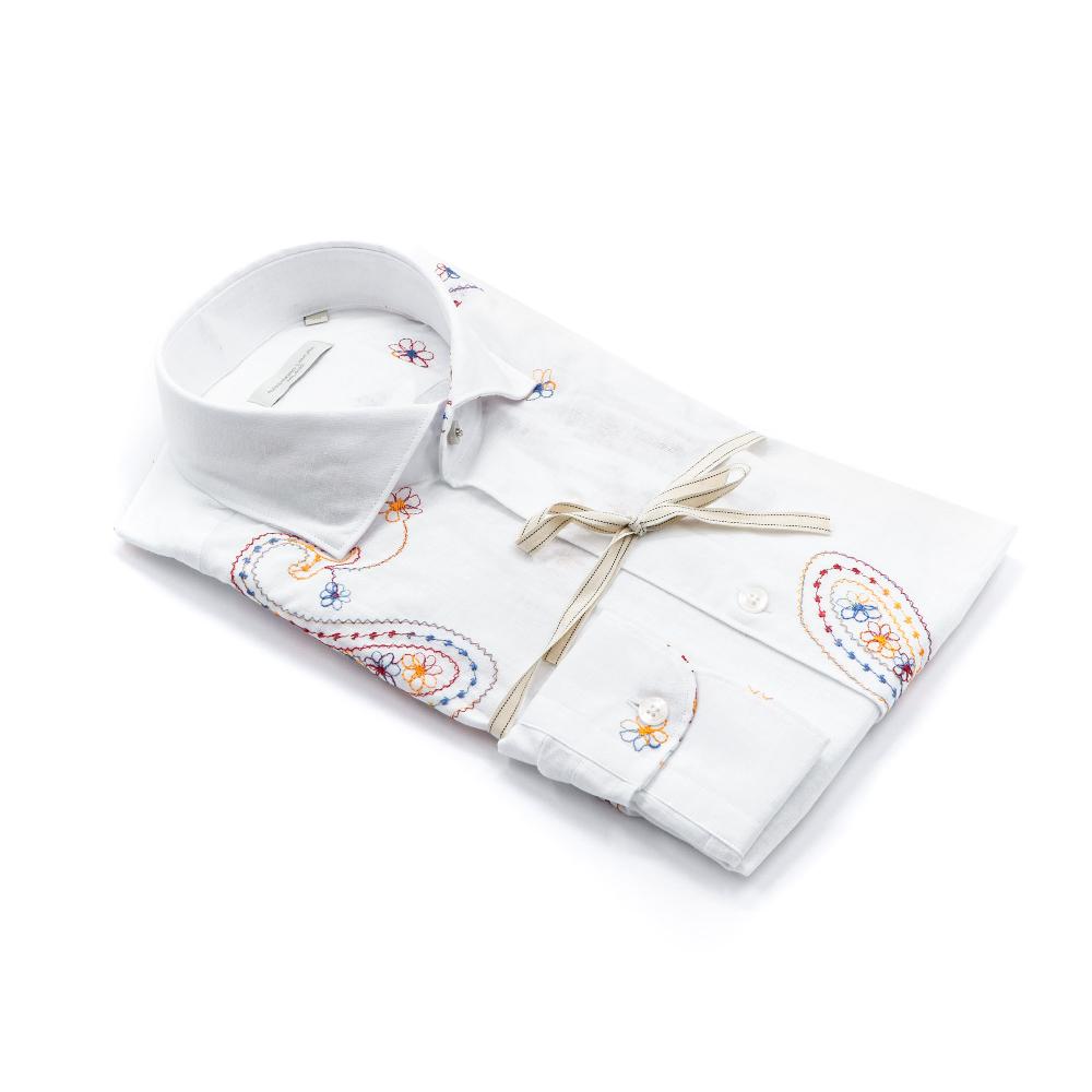 Alessandro Lamura Camicia Ricamo Fiori In Lino Collo Francese