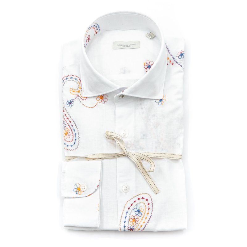 Alessandro Lamura Camicia Ricamo Fiori in Lino Collo Francese