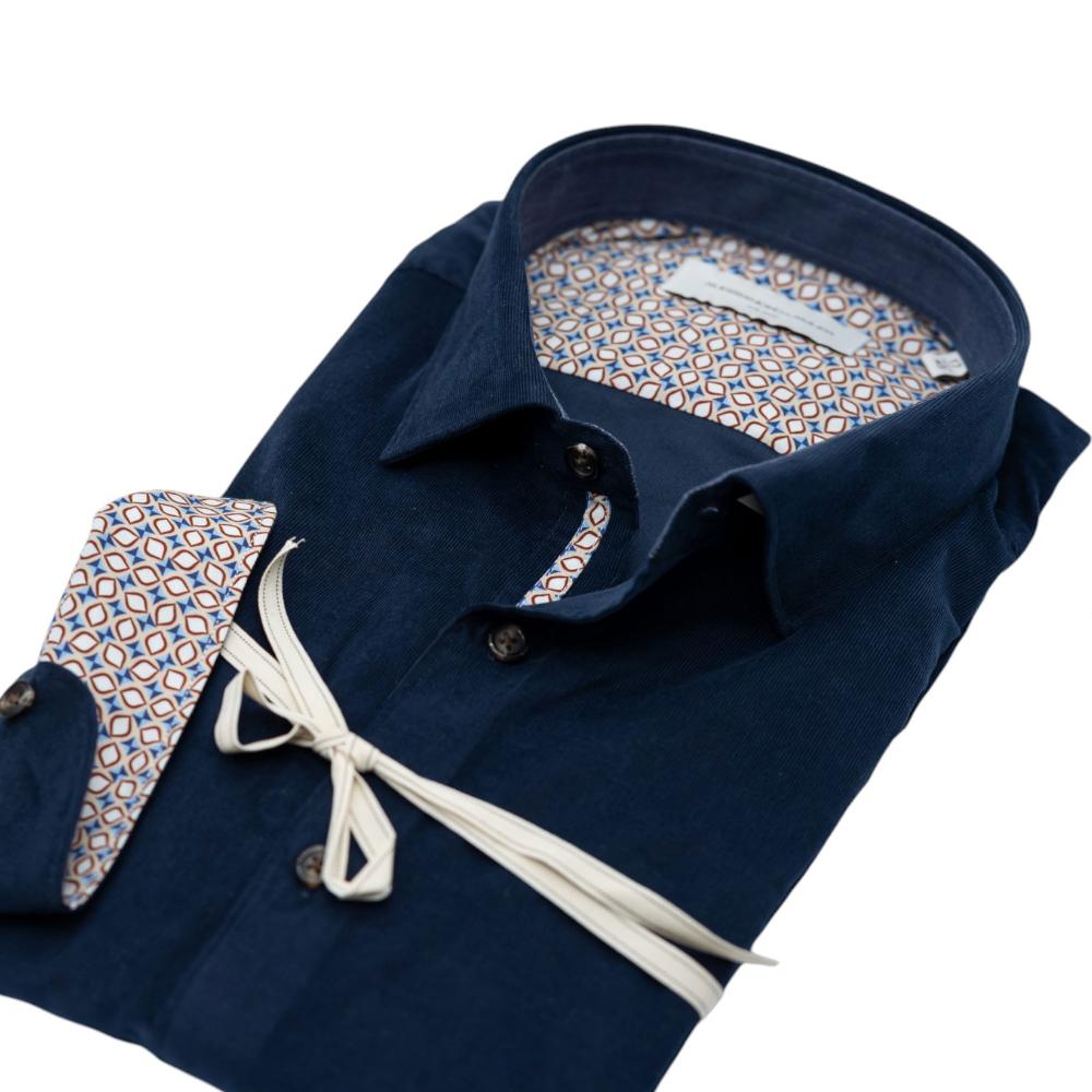 Alessandro Lamura Camicia Velluto Millerighe Blu Navy Con Dettagli Interni Geometrici