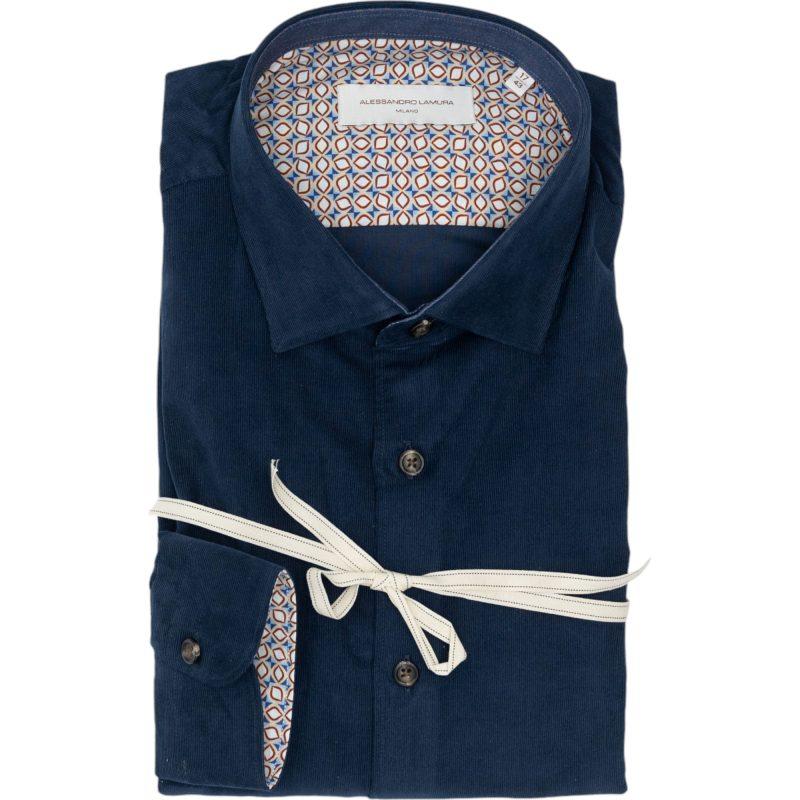 Alessandro Lamura Camicia Velluto Millerighe Blu Navy Con Dettagli Interni Geometrici