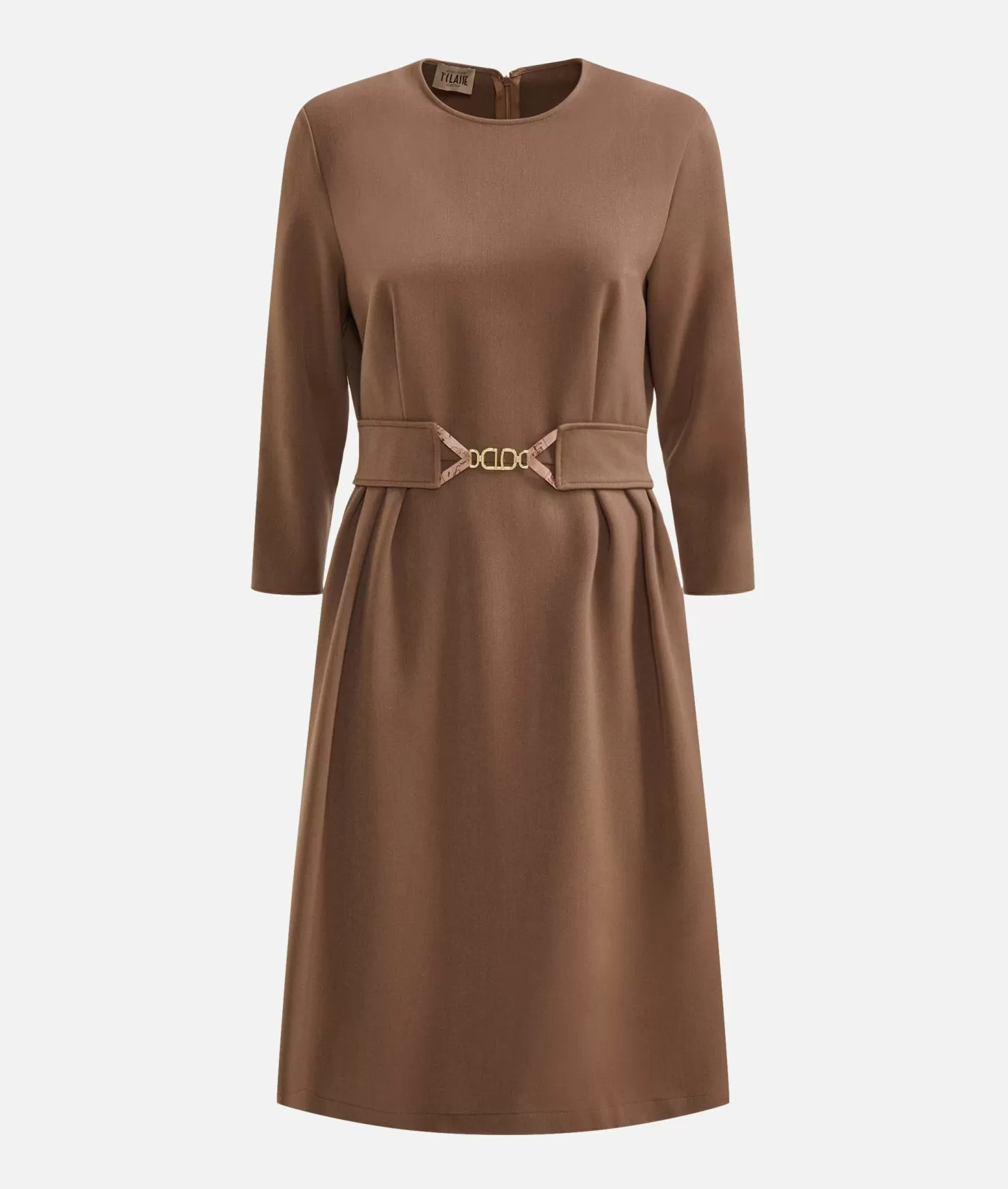 Alviero Martini 1a Classe Abito Con Cintura Gioiello In Tessuto Stretch Cammello