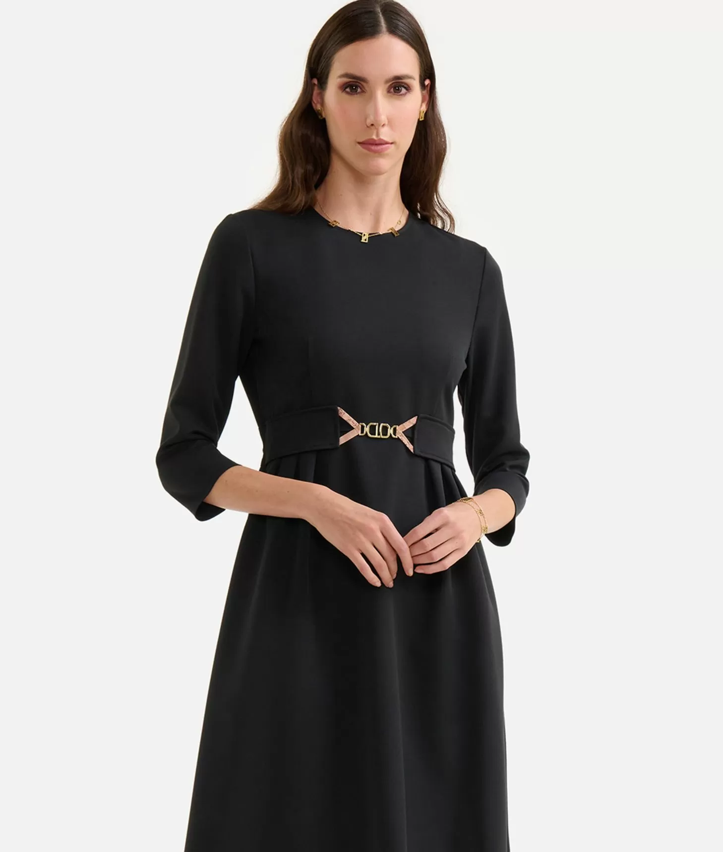Alviero Martini 1a Classe Abito Con Cintura Gioiello In Tessuto Stretch Nero