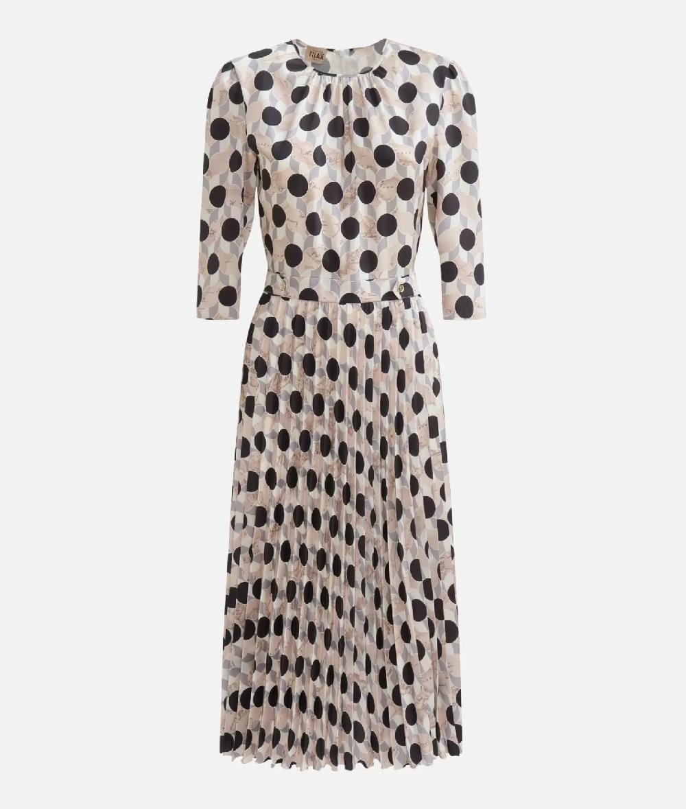 Alviero Martini 1a Classe Abito Con Gonna Plissé In Twill Stampa Geo-Metrico Greige