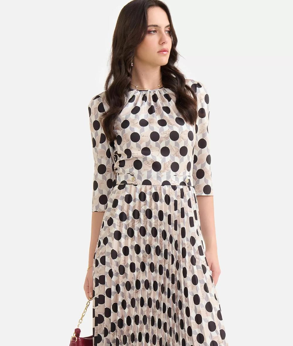 Alviero Martini 1a Classe Abito Con Gonna Plissé In Twill Stampa Geo-Metrico Greige