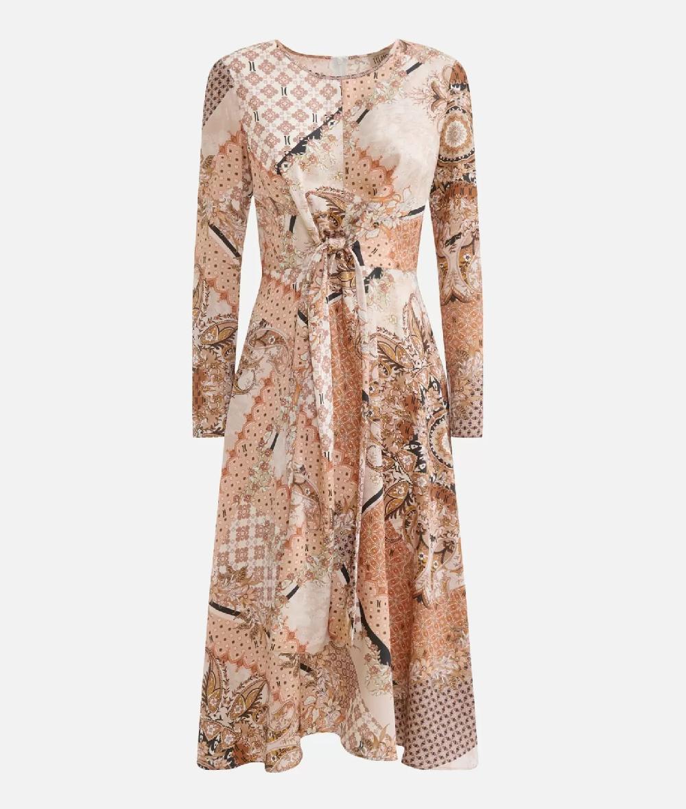 Alviero Martini 1a Classe Abito Con Nodo In Twill Stampa Geo Patchwork Foulard Greige