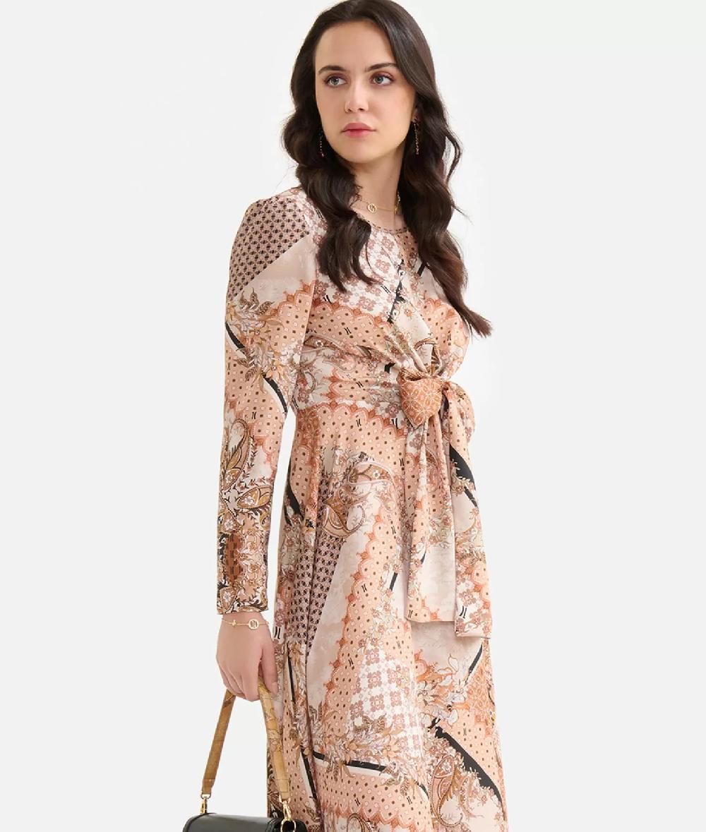 Alviero Martini 1a Classe Abito Con Nodo In Twill Stampa Geo Patchwork Foulard Greige