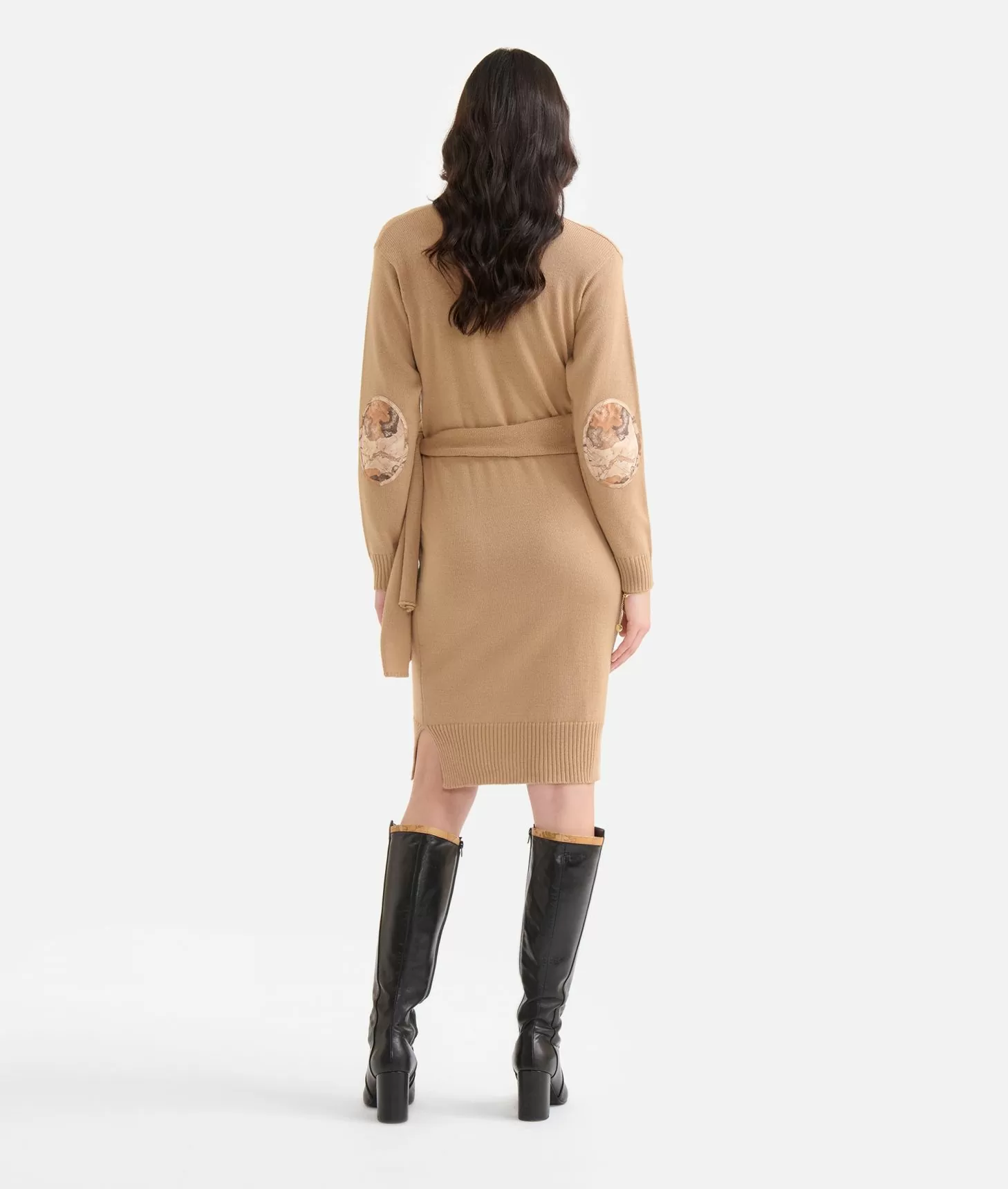 Alviero Martini 1a Classe Abito In Filato Misto Lana Con Toppe Geo Classic Cammello