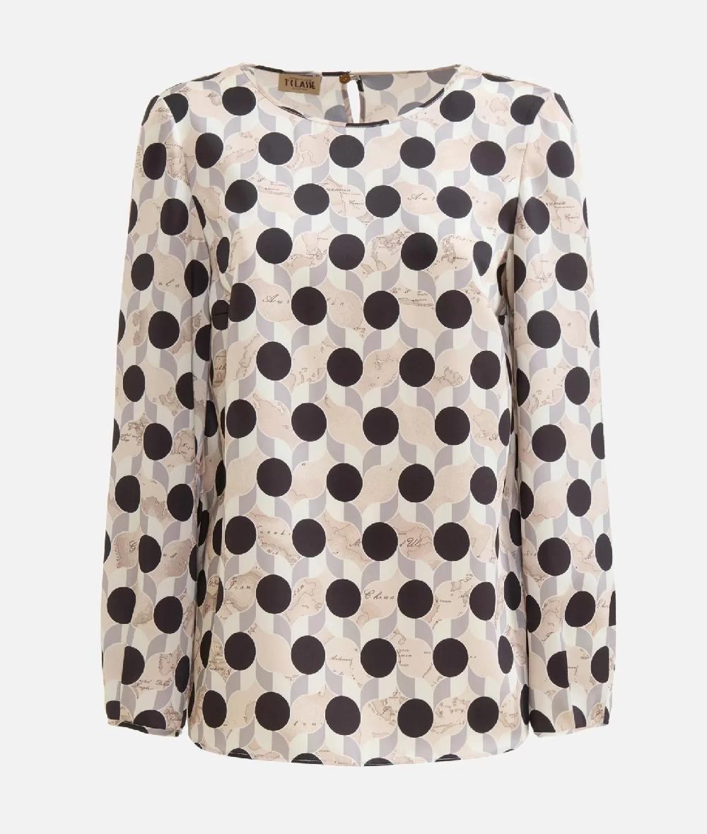 Alviero Martini 1a Classe Blusa Basic In Twill Stampa Geo-Metrico Greige
