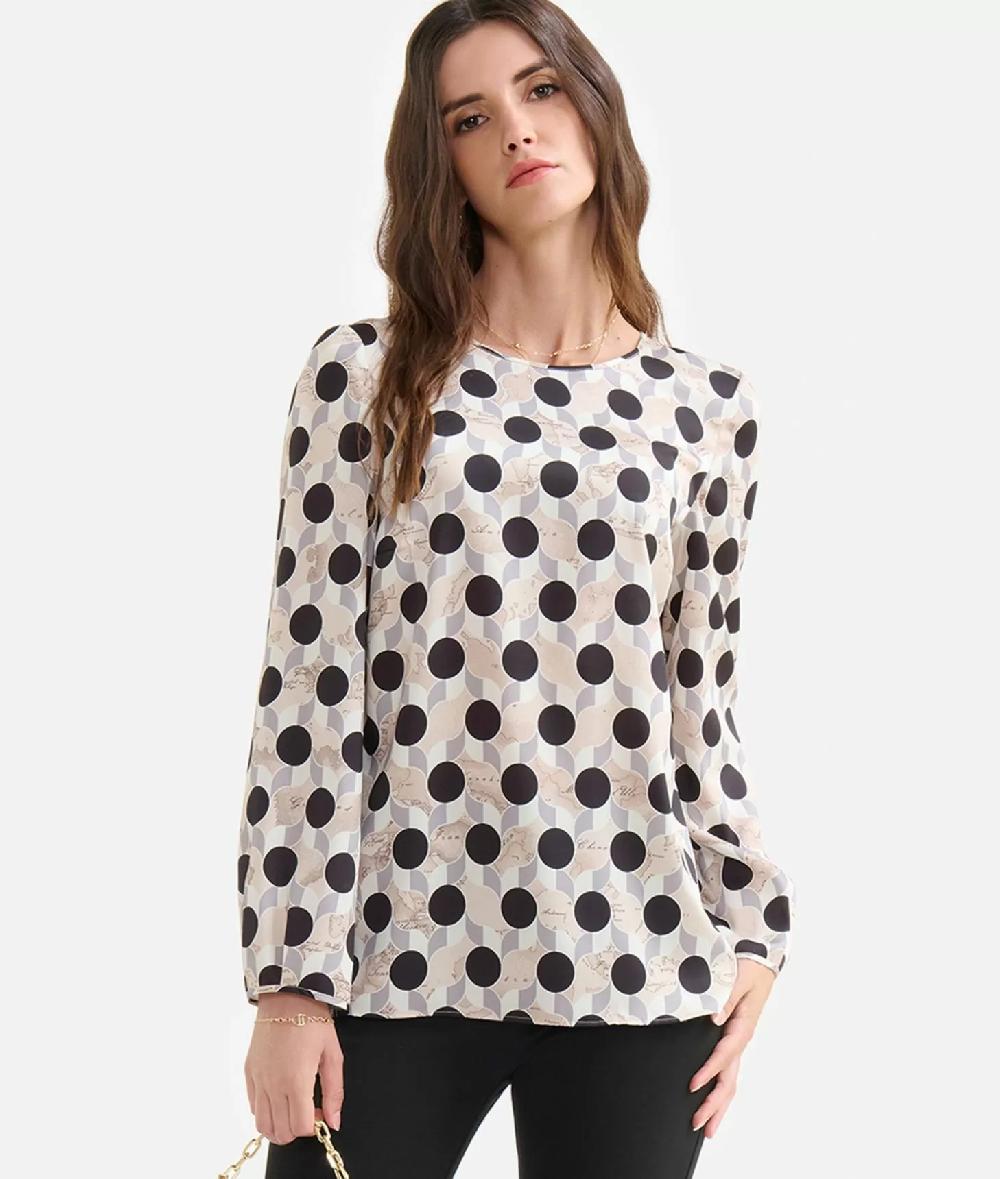 Alviero Martini 1a Classe Blusa Basic In Twill Stampa Geo-Metrico Greige