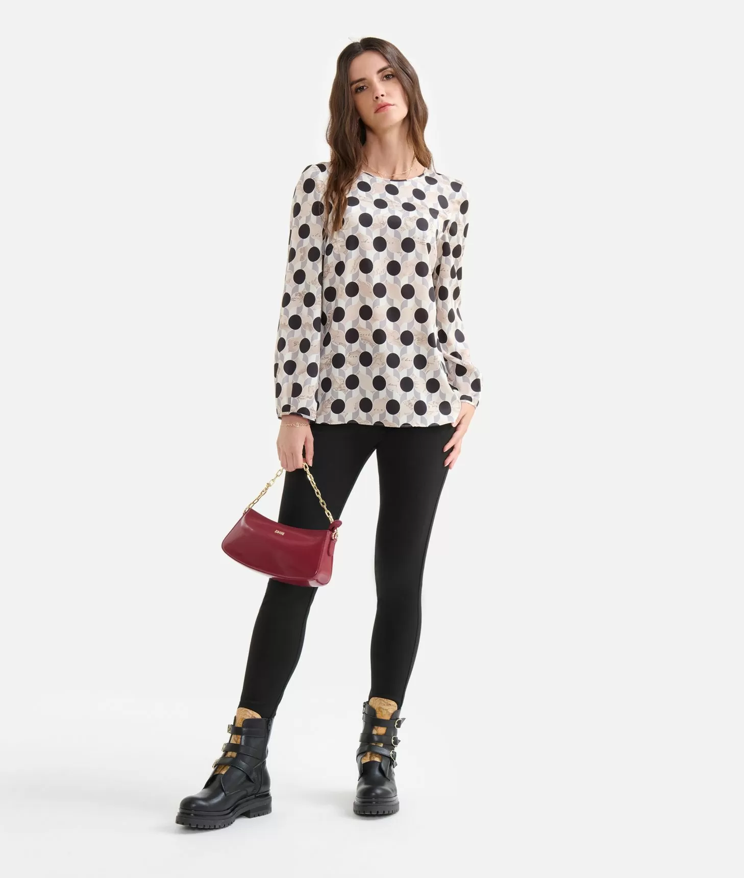 Alviero martini 1a classe Blusa basic in twill stampa Geo-Metrico Greige