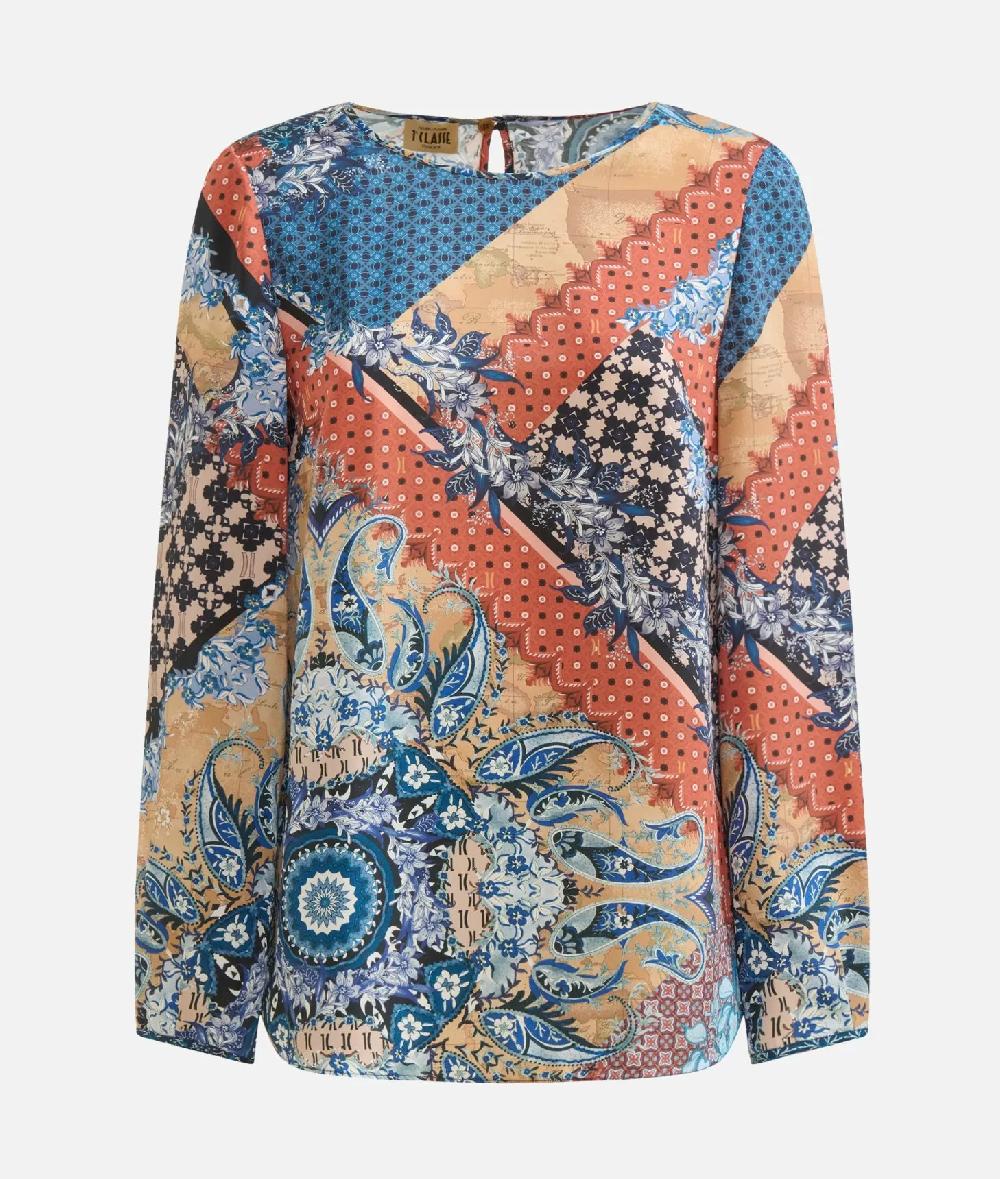 Alviero Martini 1a Classe Blusa Basic In Twill Stampa Geo Patchwork Foulard Blu