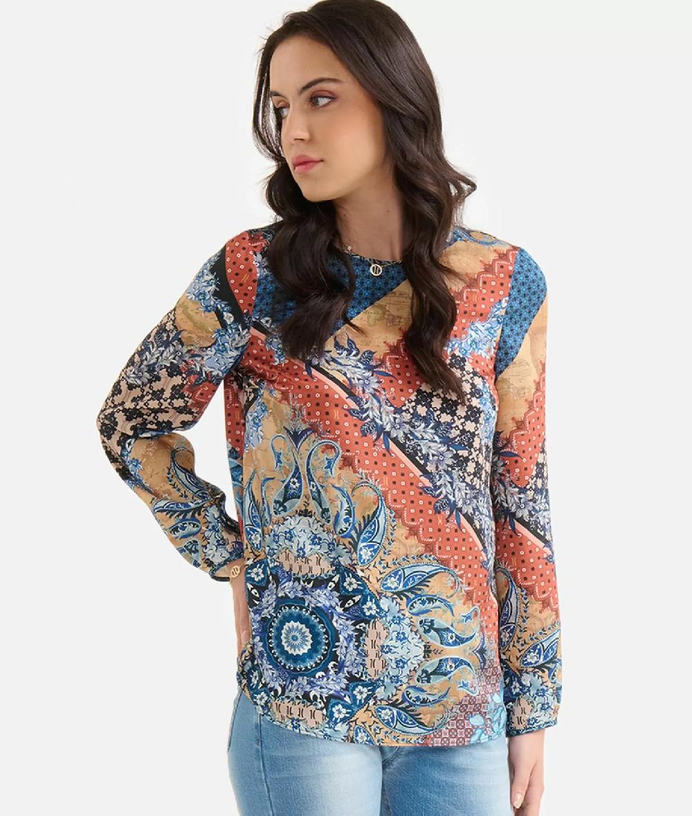 Alviero Martini 1a Classe Blusa Basic In Twill Stampa Geo Patchwork Foulard Blu