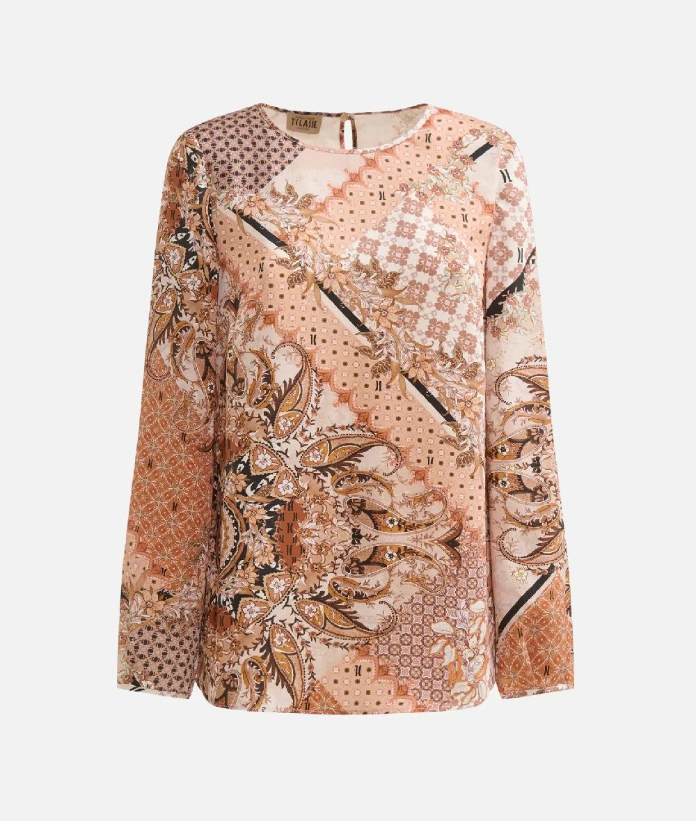 Alviero Martini 1a Classe Blusa Basic In Twill Stampa Geo Patchwork Foulard Greige