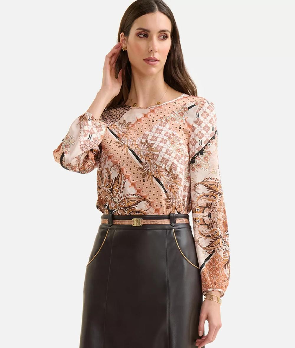 Alviero Martini 1a Classe Blusa Basic In Twill Stampa Geo Patchwork Foulard Greige