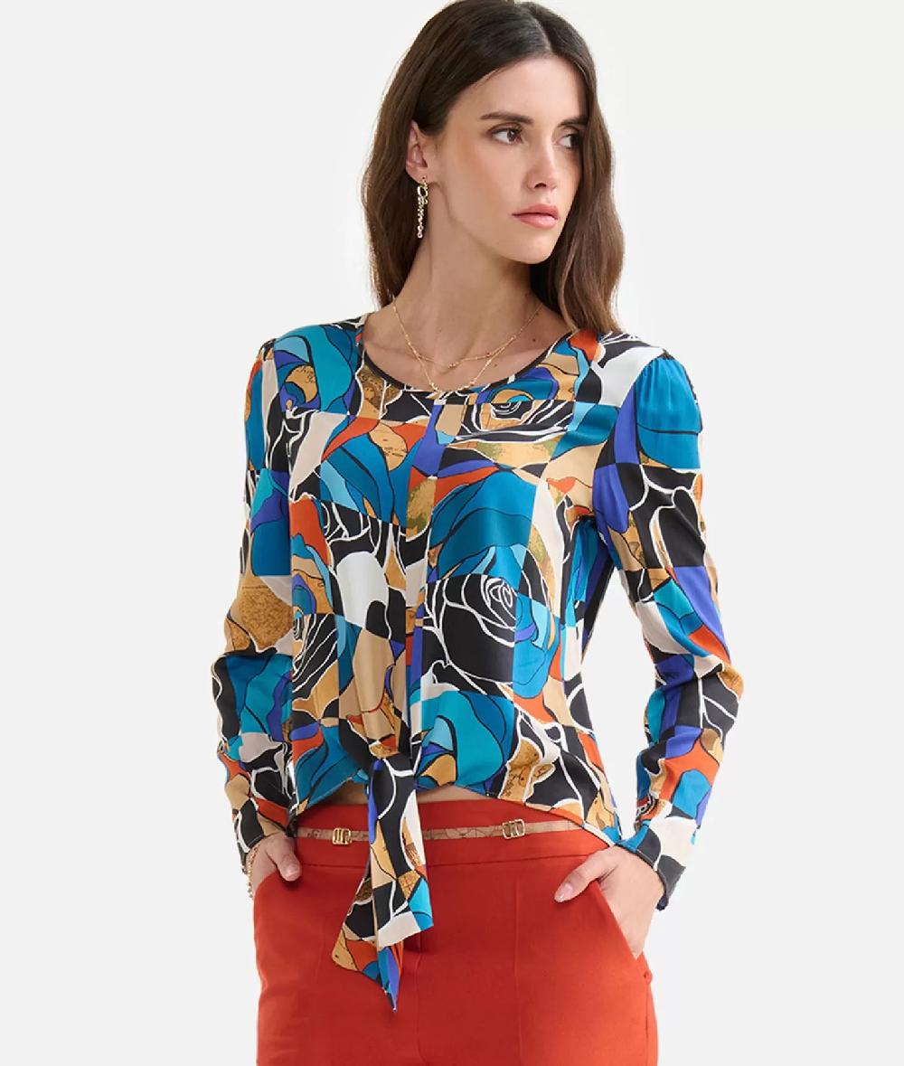 Alviero Martini 1a Classe Blusa Con Nodo In Viscosa Stampa Rosa Del Deserto Blu