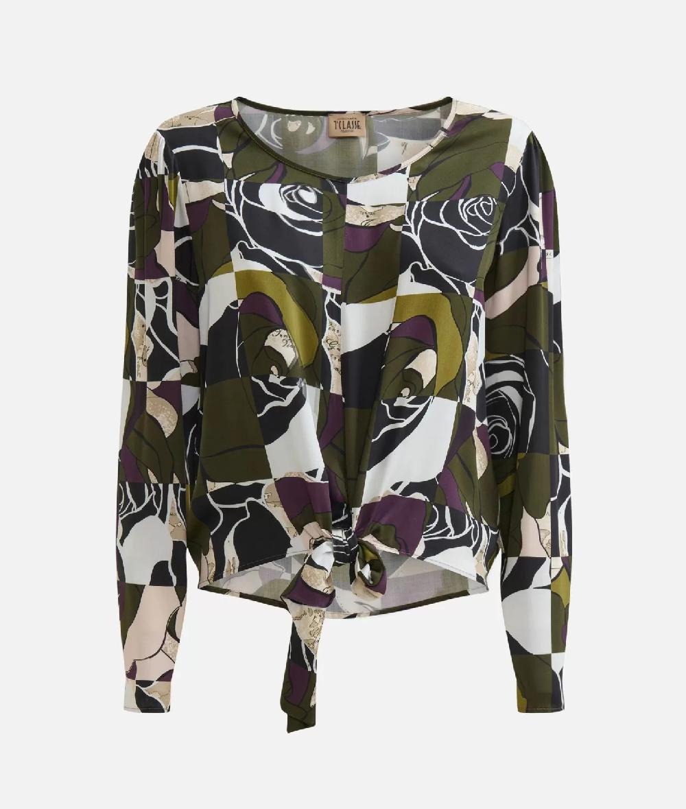 Alviero Martini 1a Classe Blusa Con Nodo In Viscosa Stampa Rosa Del Deserto Verde