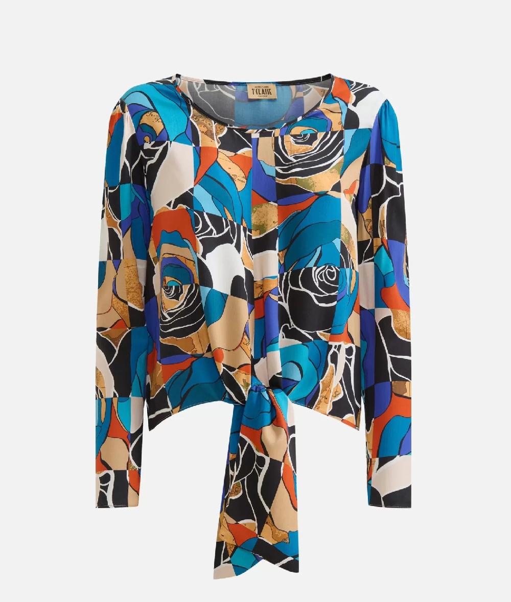 Alviero Martini 1a Classe Blusa Con Nodo In Viscosa Stampa Rosa Del Deserto Blu