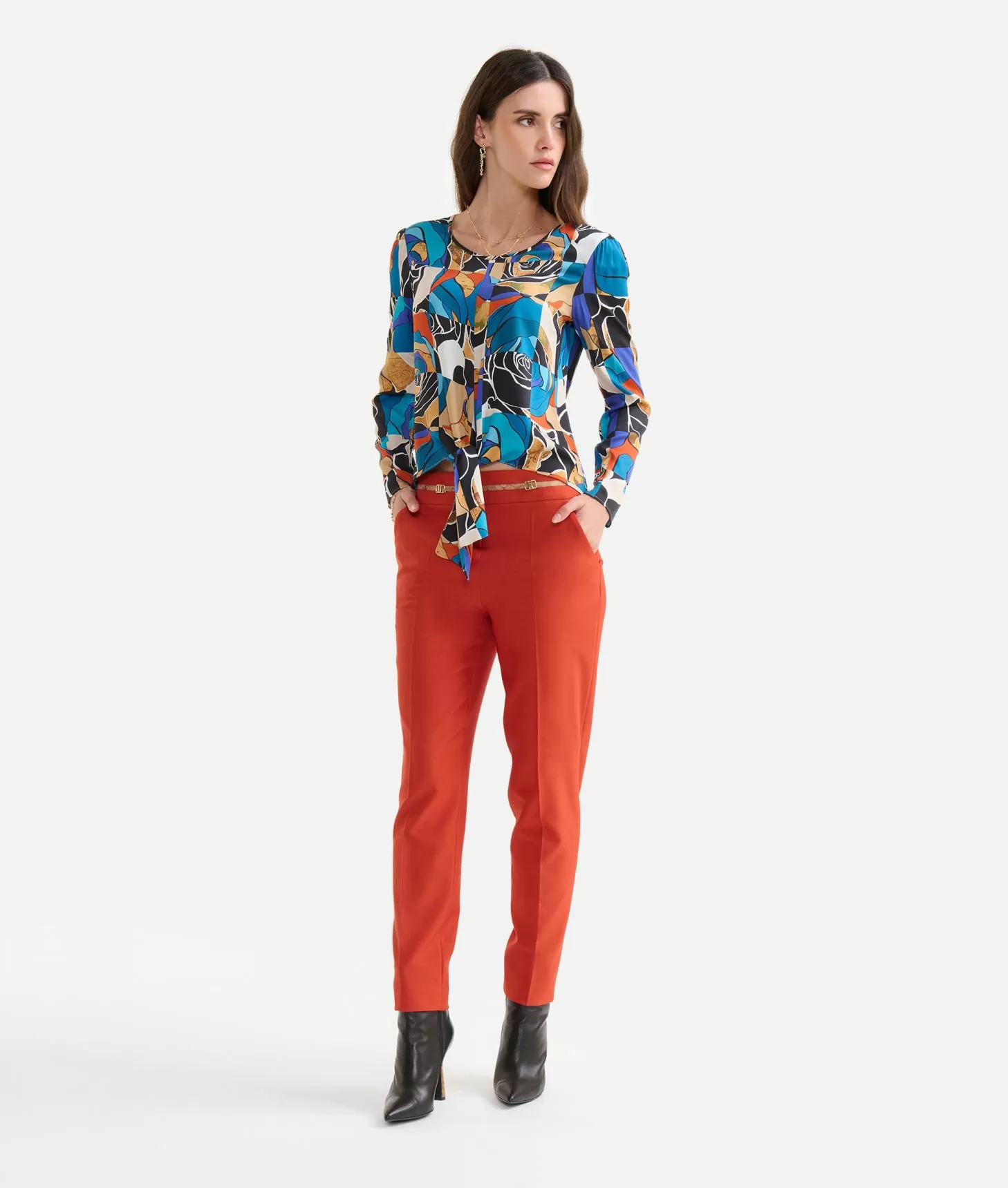 Alviero martini 1a classe Blusa con nodo in viscosa stampa Rosa del Deserto Blu