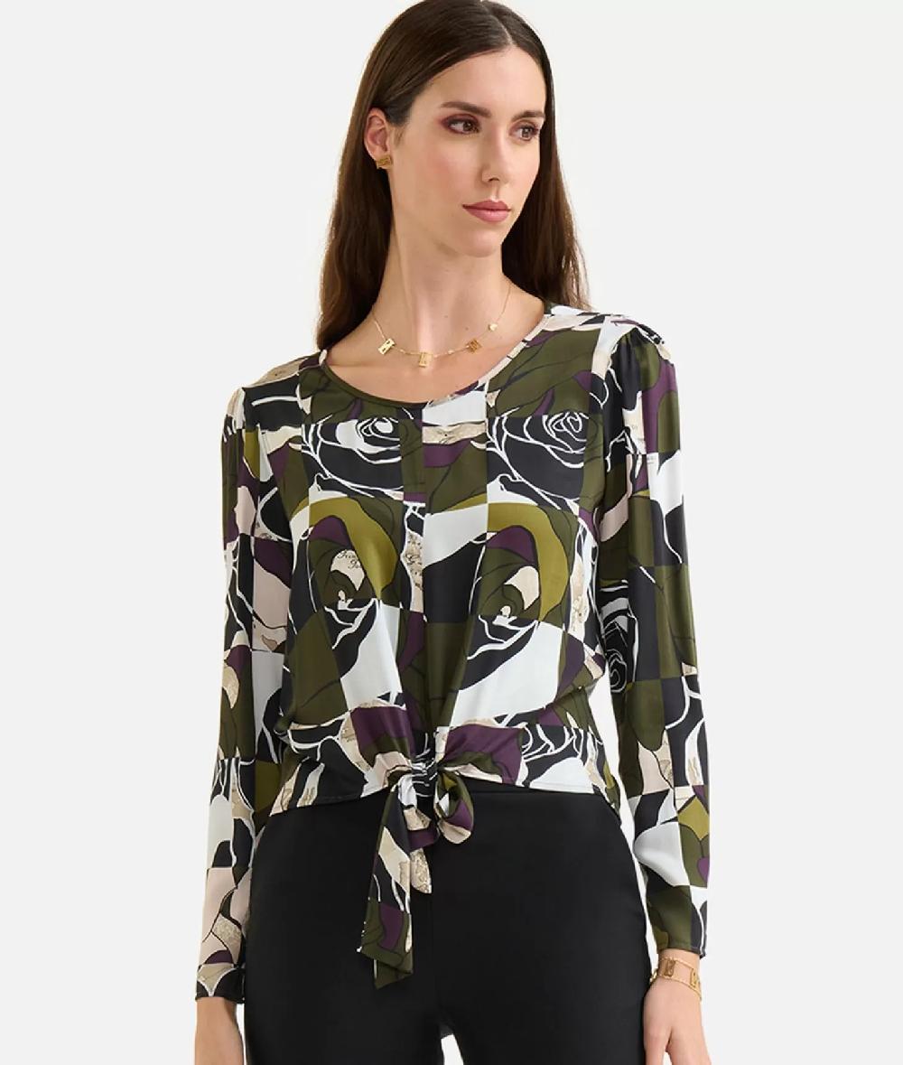 Alviero Martini 1a Classe Blusa Con Nodo In Viscosa Stampa Rosa Del Deserto Verde