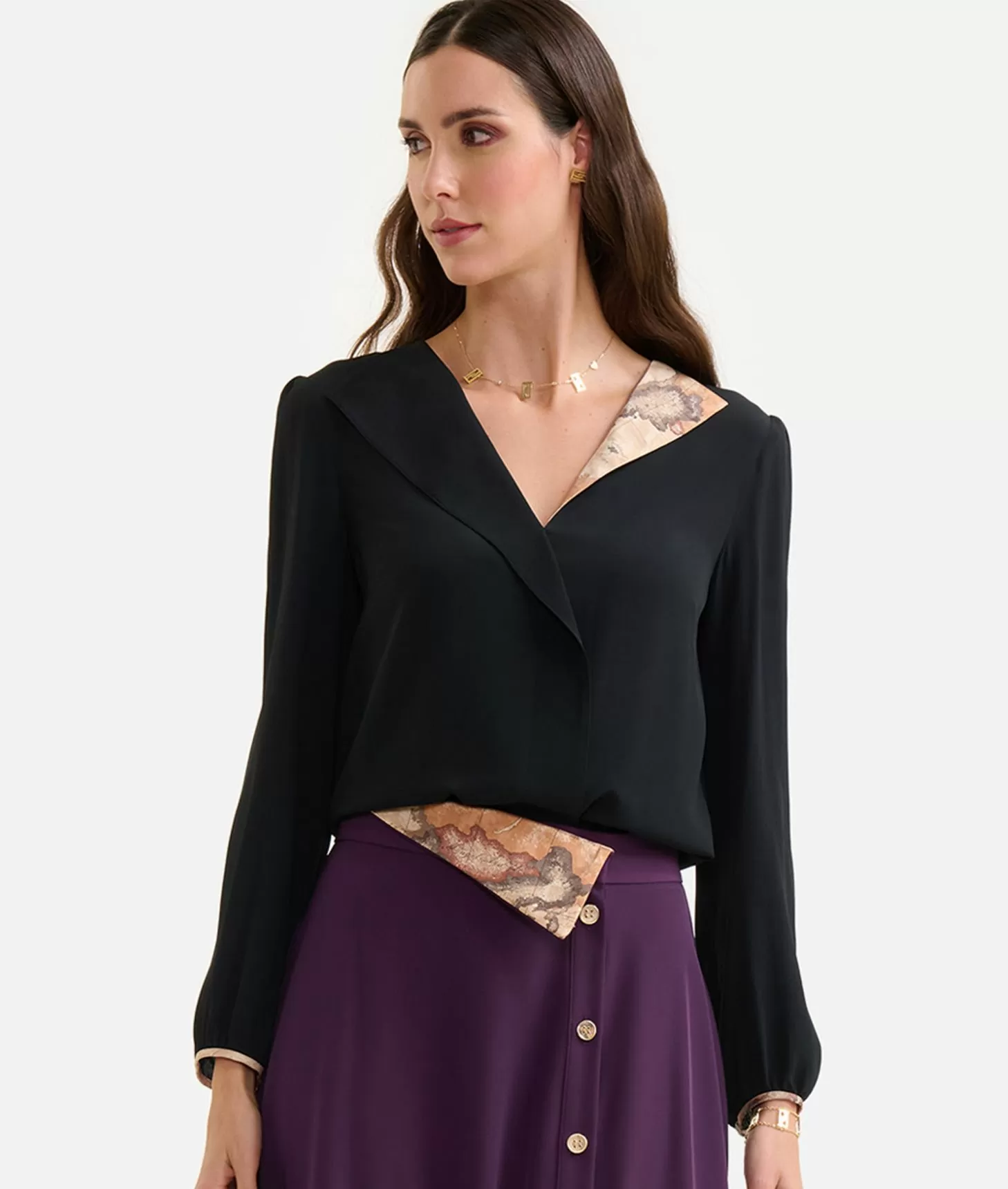 Alviero Martini 1a Classe Blusa Con Revers In Crêpe De Chine Nera