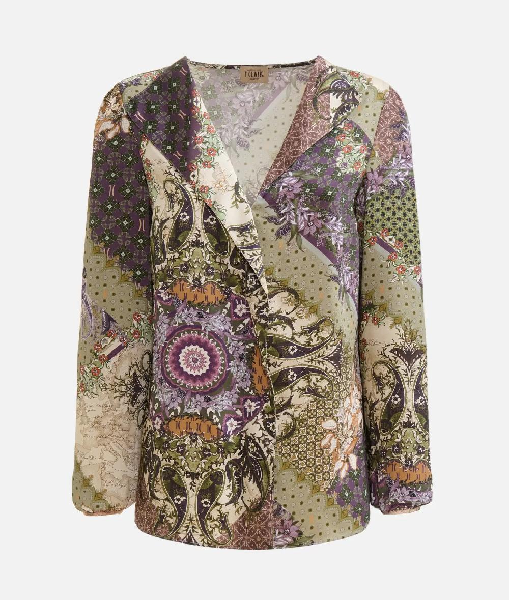 Alviero Martini 1a Classe Blusa Con Revers In Twill Stampa Geo Patchwork Foulard Verde
