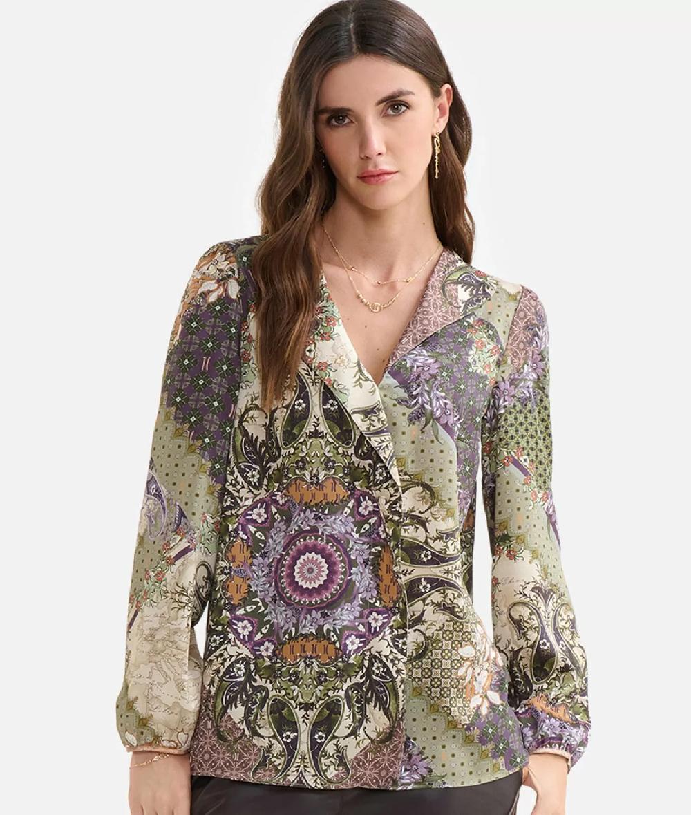 Alviero Martini 1a Classe Blusa Con Revers In Twill Stampa Geo Patchwork Foulard Verde