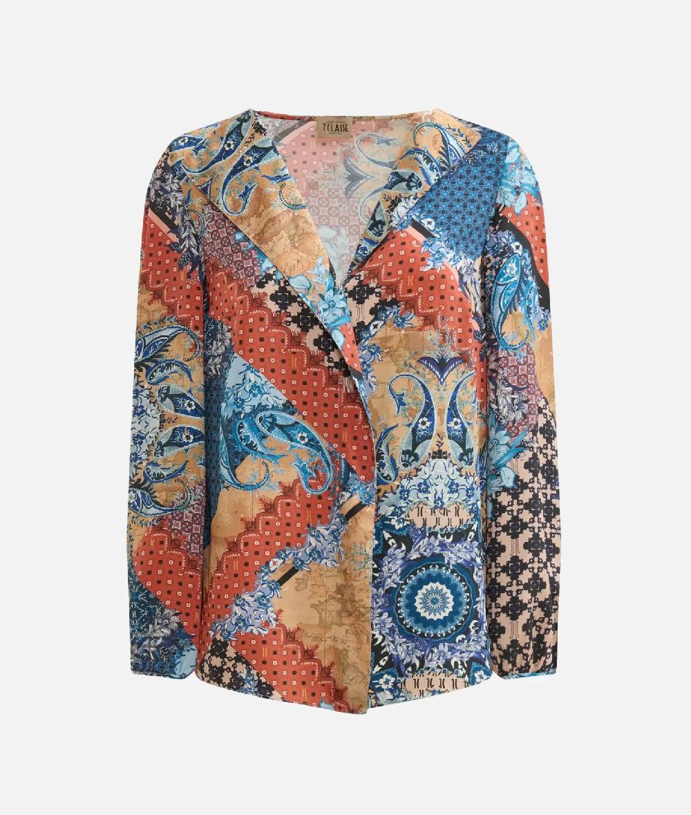 Alviero Martini 1a Classe Blusa Con Revers In Twill Stampa Geo Patchwork Foulard Blu