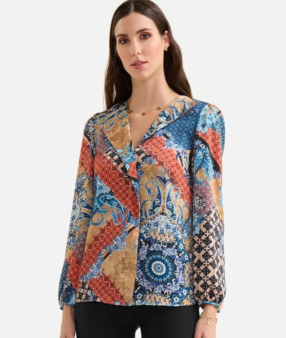 Alviero Martini 1a Classe Blusa Con Revers In Twill Stampa Geo Patchwork Foulard Blu