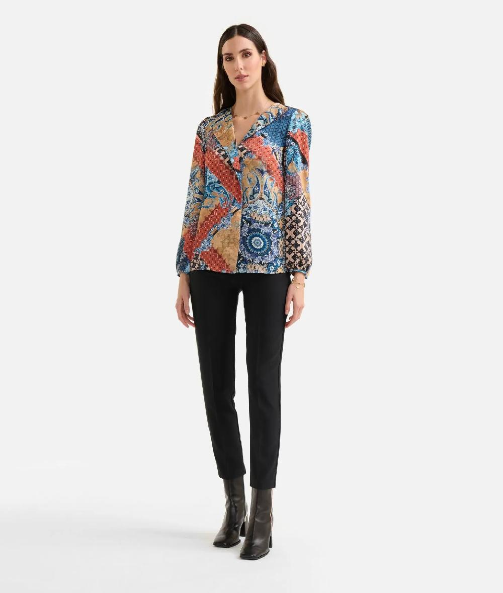 Alviero martini 1a classe Blusa con revers in twill stampa Geo Patchwork Foulard Blu