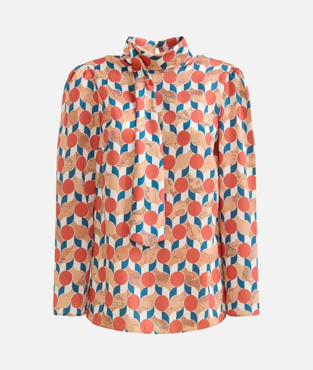 Alviero Martini 1a Classe Blusa Con Sciarpina In Twill Stampa Geo-Metrico Mattone