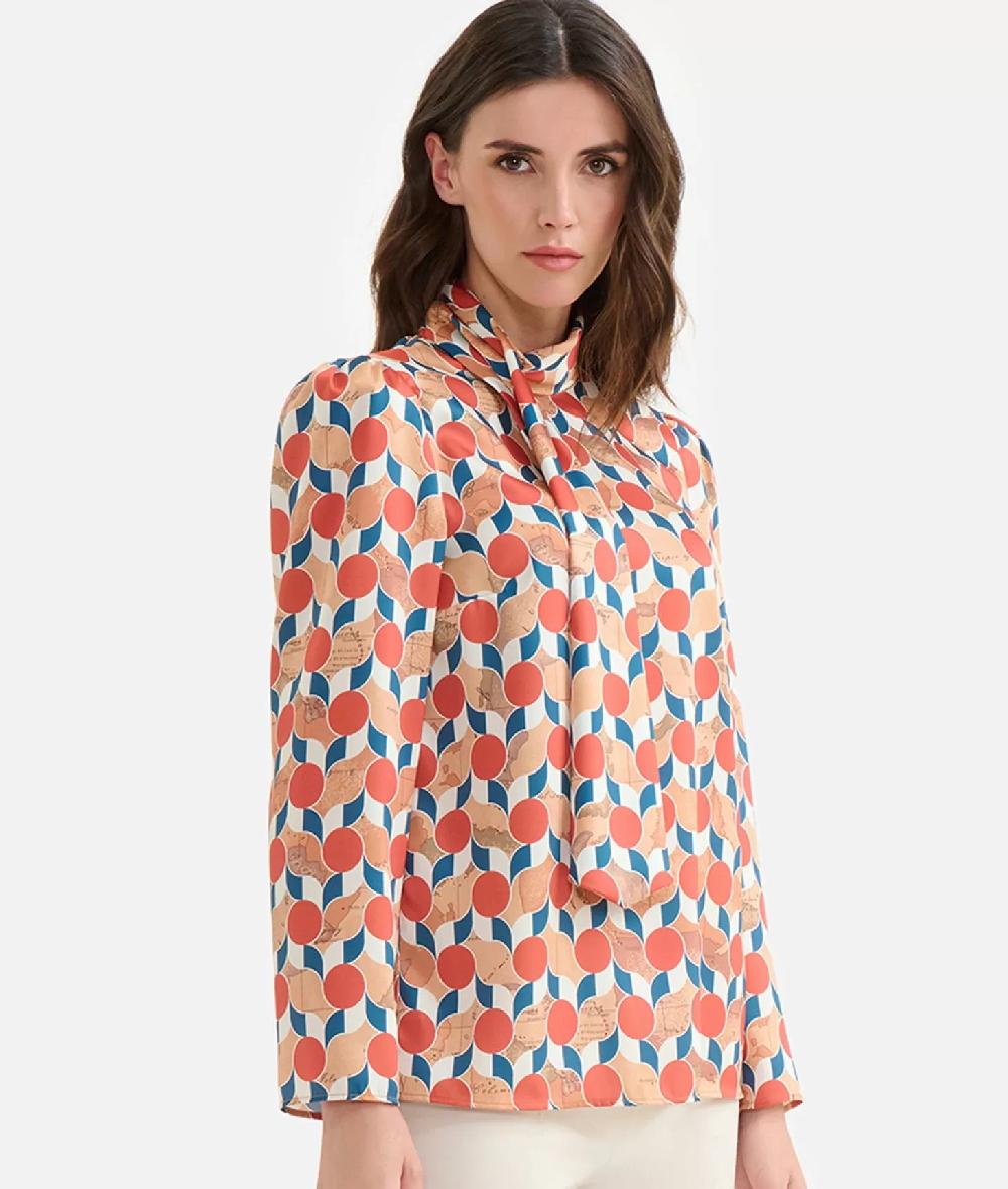 Alviero Martini 1a Classe Blusa Con Sciarpina In Twill Stampa Geo-Metrico Mattone